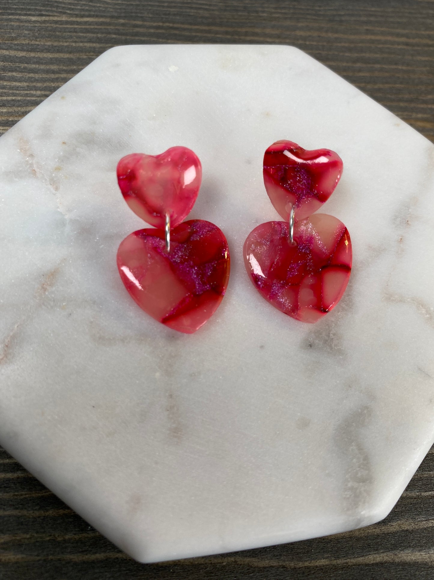 Pink marble double heart dangles - Small