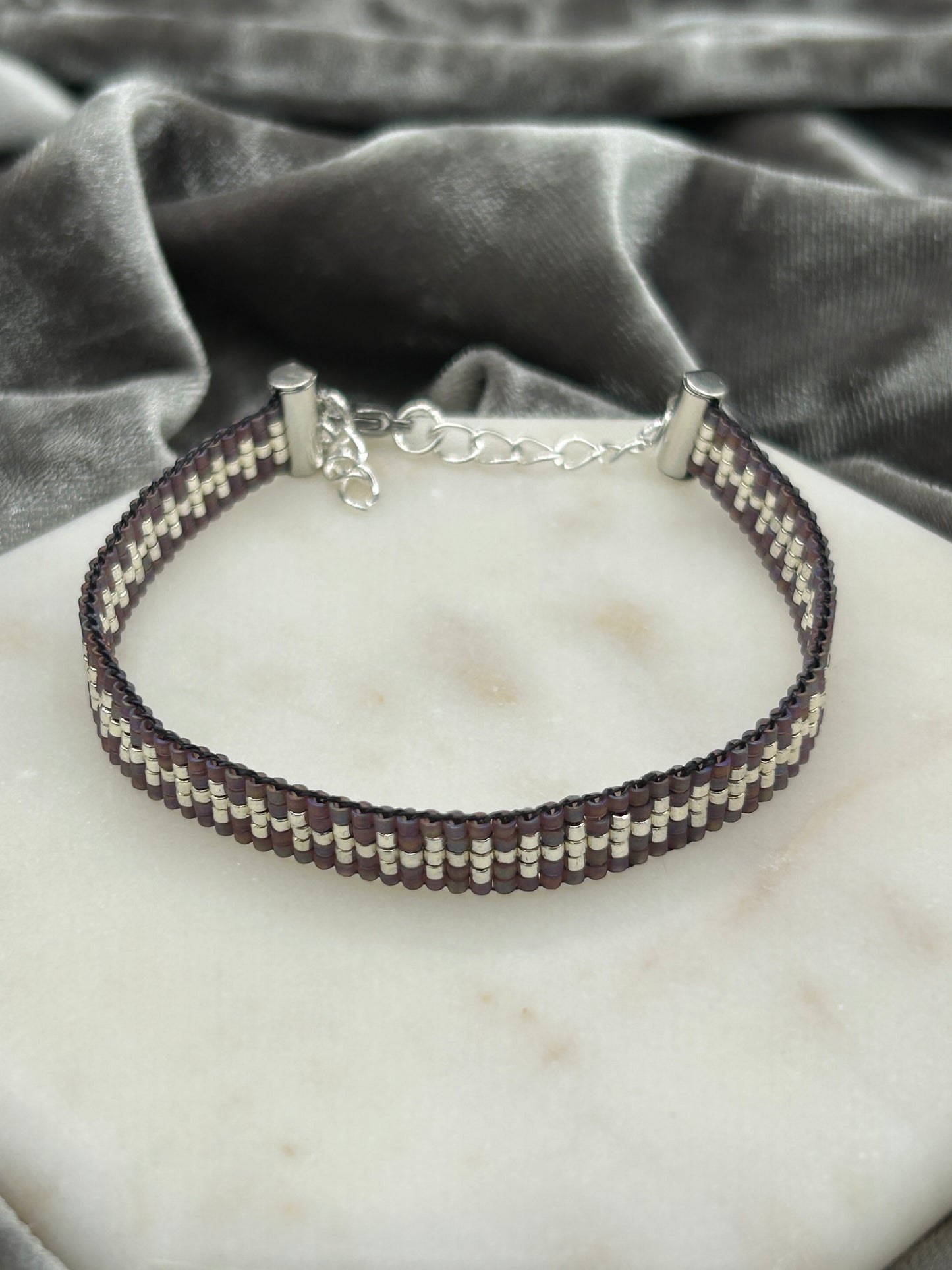 Purple and silver beaded bracelet