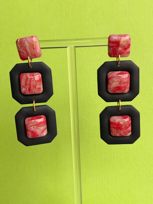 Pink and black square stone dangles