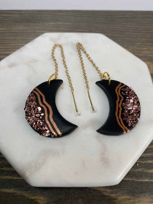 Rose gold druzy moon threader dangles