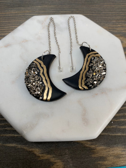 Silver druzy moon threader dangles