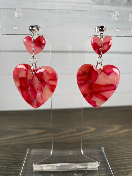 Pink marble double heart dangles - Large