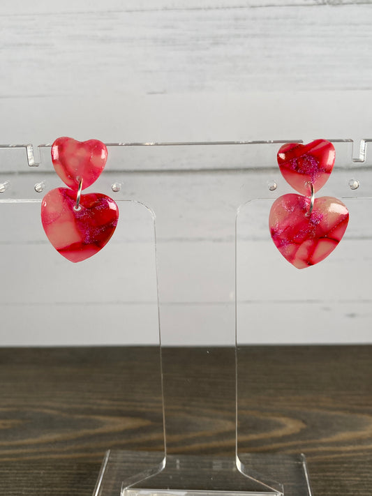 Pink marble double heart dangles - Small