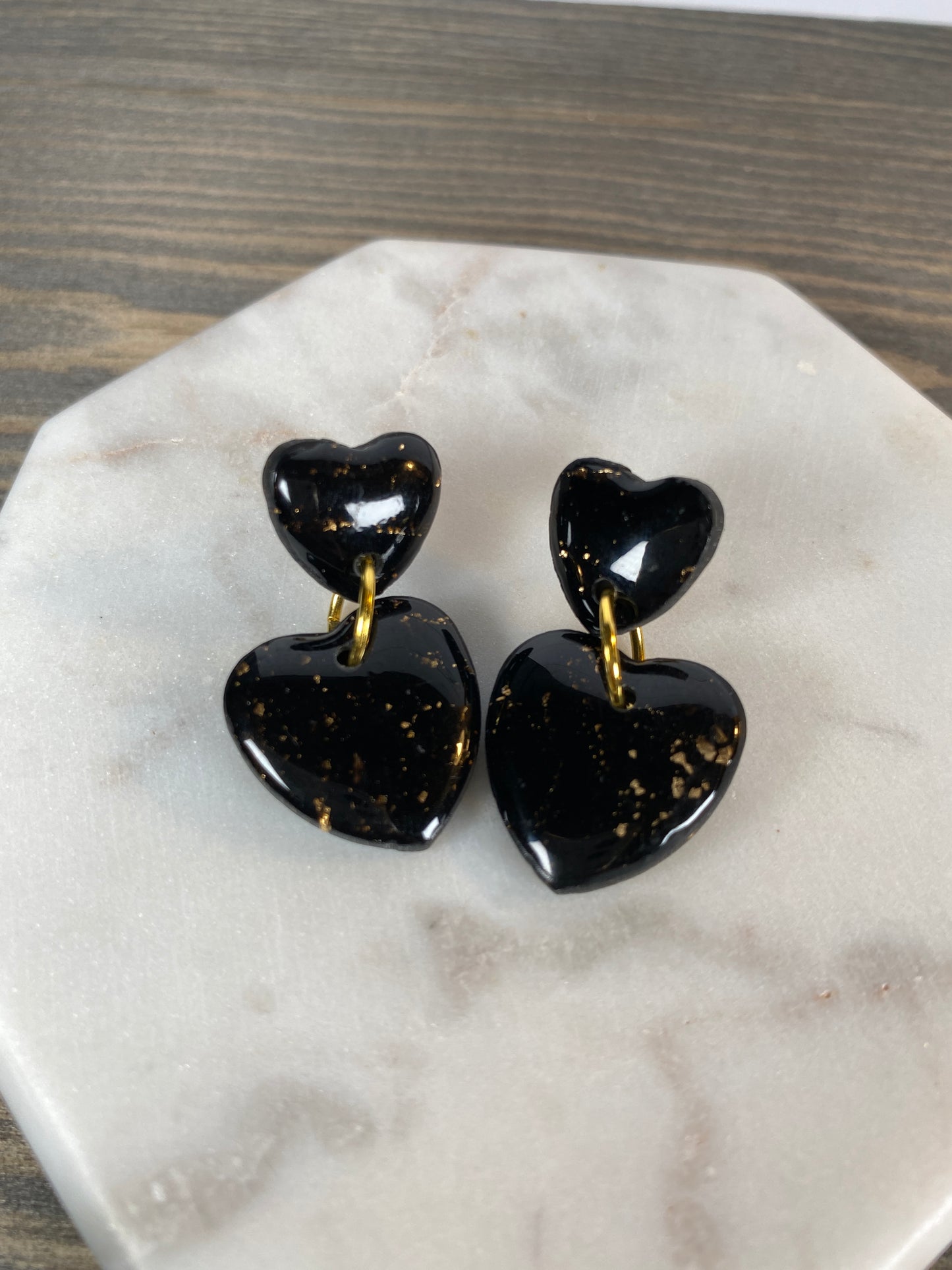 Black and gold double heart dangles - Small